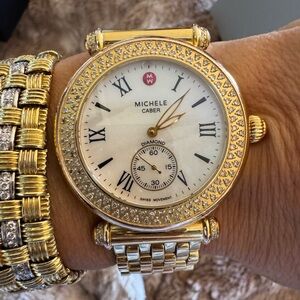 Michele Caber Gold Tone Diamond Bezel MOP Dial 37mm Quartz Womens Watch